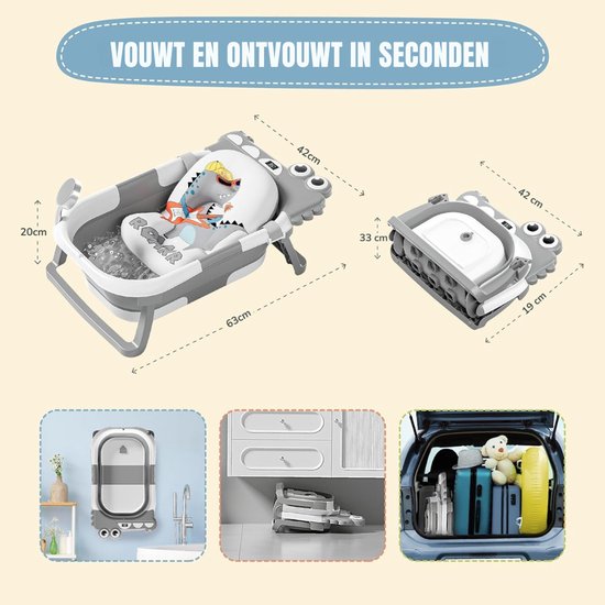 QIN® Baby Badje met Standaard - Baby Badje - Inklapbaar Bad - met Badkussentje en Ingebouwde Thermometer - Grijs - 63cm x 42cm x 20cm van qin — afbeelding 4