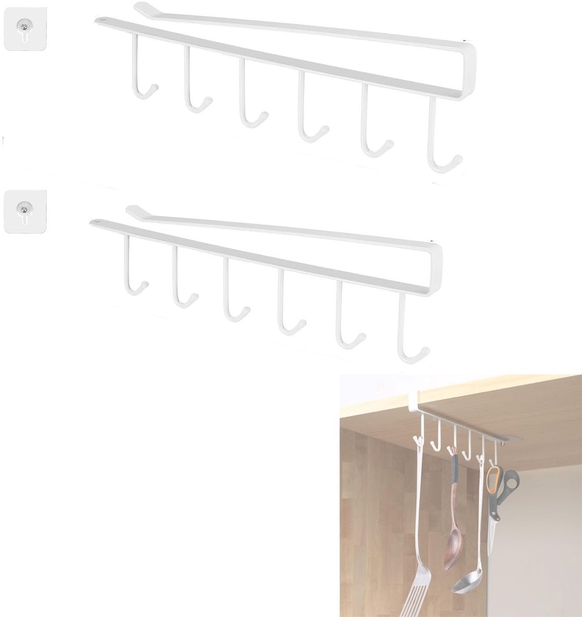 Dailygoods- Bekerhouder Onder Kast - 2 Stuks - Roestbestendig Metaal - Zelfklevend - Drogen Mokken - Maximaal Draagvermogen 2 kg - Mokkenrek