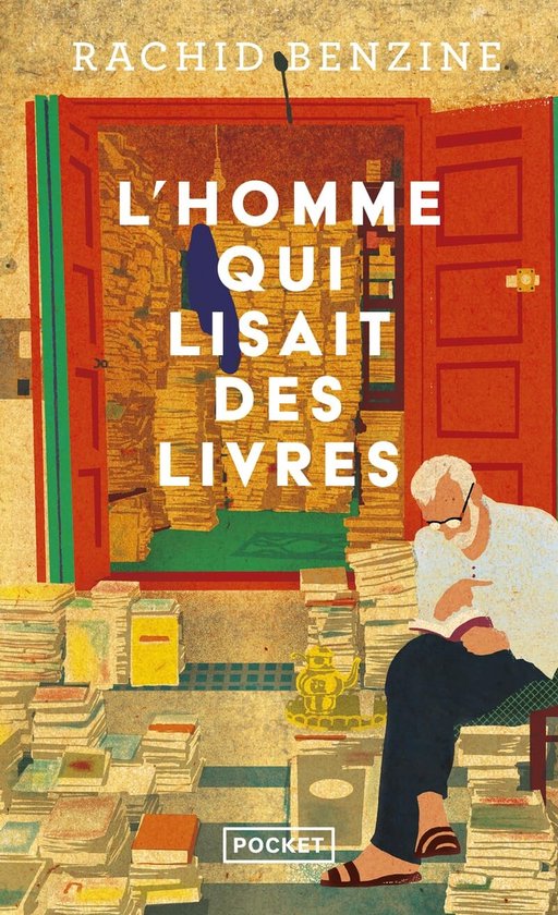 Boekcover met de titel 'L'homme qui lisait des livres' door Rachid Benzine. Een oudere man met bril zit in een stoel en leest een boek, omringd door stapels boeken.