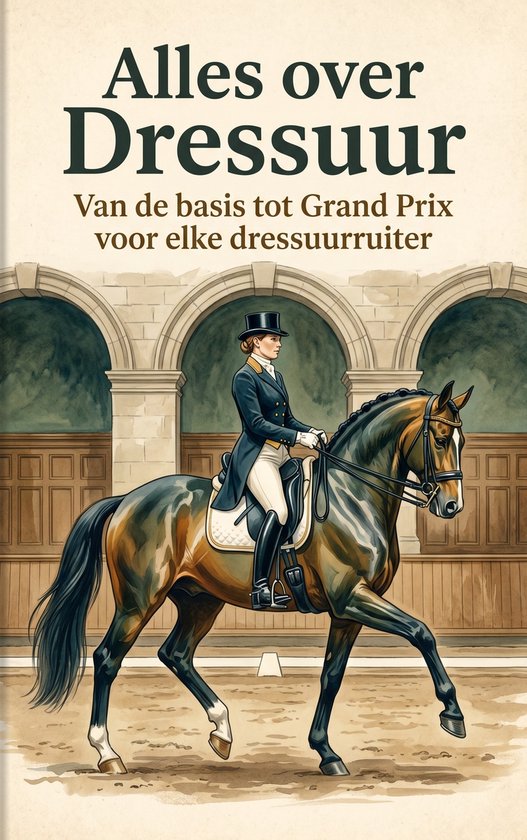 Femme en queue de pie, pantalon d'équitation et haut-de-forme monte un cheval en position de dressage avec une arche classique en arrière-plan.