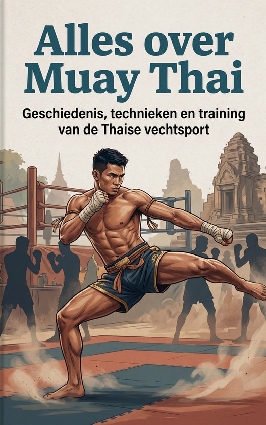 La couverture d'un livre sur le Muay Thai, avec le titre 'Alles over Muay Thai'. Un combattant masculin exécute un coup de pied dans un ring.