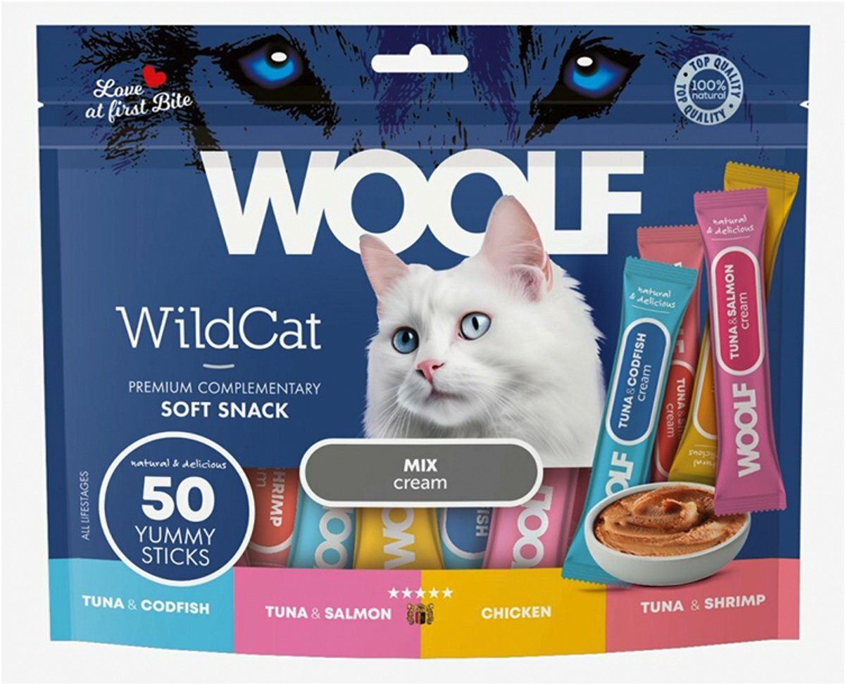 Woolf kattensnacks - maxiverpakking 50 st / 14 gr - wildcat - 700 gr - 100% naturel -- 4 varieteiten - alle leeftijden,kwalitatief, puur en lekker