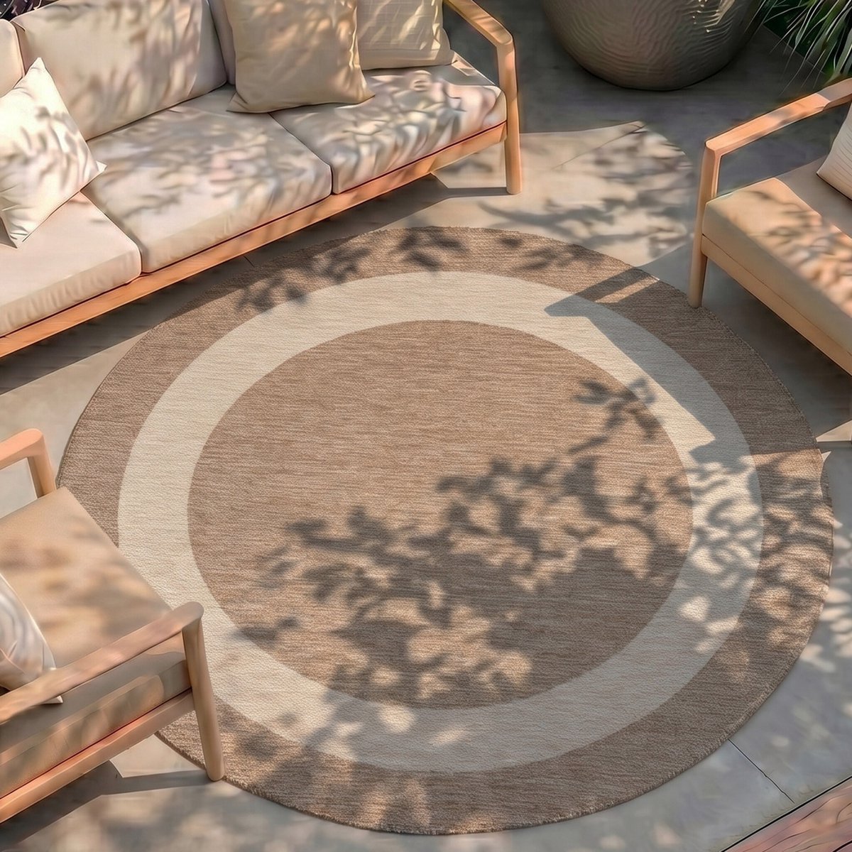 Fraai Rond buitenkleed - Sierra Border Beige/Creme - Ø 160cm