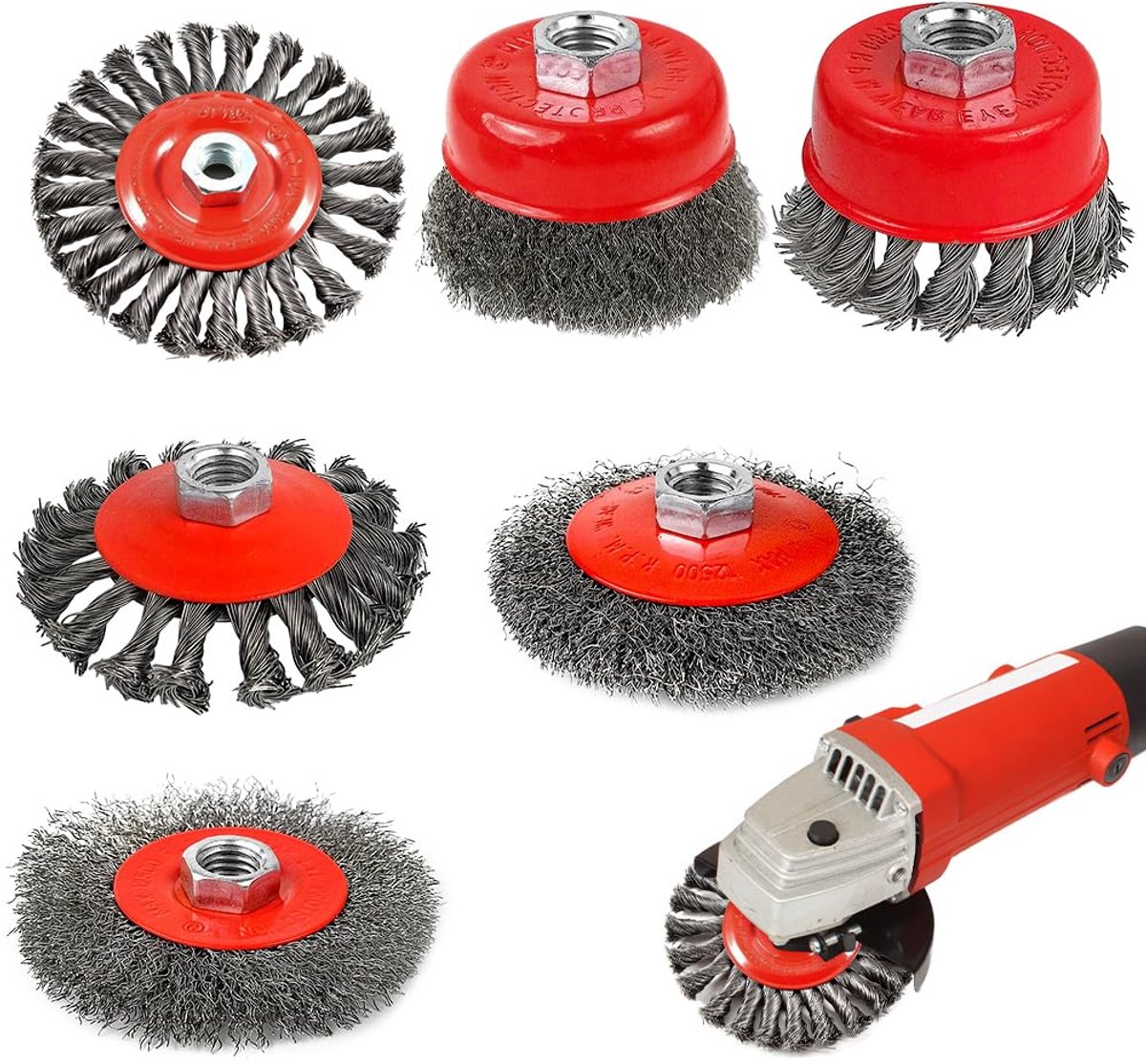6 Stuks Staalborstels voor Haakse Slijper - Kegelborstel en Draadborstel Set 100 mm en 75 mm