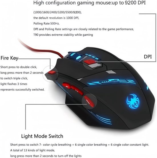 Gaming Muis - Programmeerbare Muis - Intensief Gamers - Gewichtsafstemming Systeem - 9200 DPI - Zwart — afbeelding 3