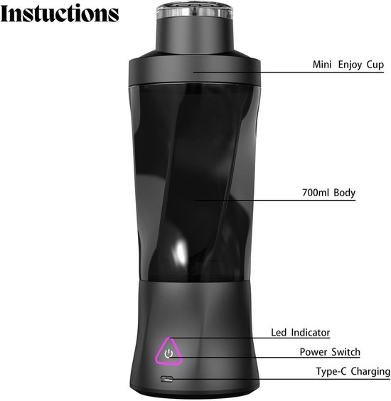 Draagbare sapcentrifuge/blender, USB-oplaadbare smoothie maker met 6 verbeterde messen en 6000mAh batterij, 700ml/24oz inhoud, ideaal voor smoothies, proteïneshakes, op reis en op kantoor (wit) — afbeelding 4