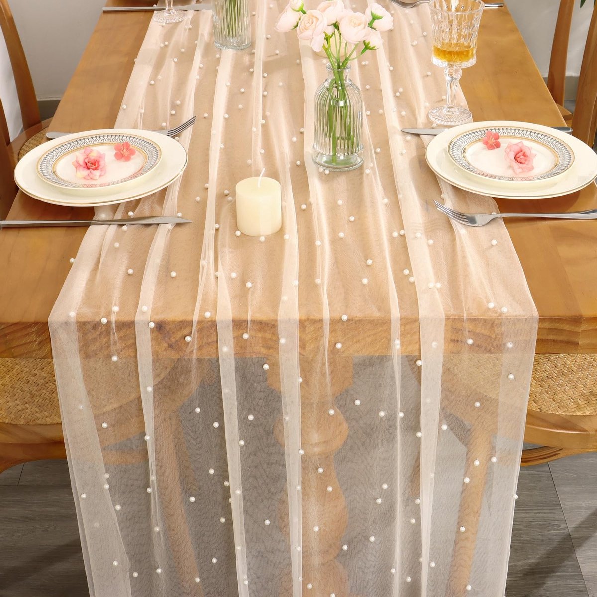 Dailygoods- Tafelloper 75 x 300 cm - Luxe Parelontwerp - Kanten Tafelkleed - Bruiloftstafeldecoratie - Rimpelbestendig - Tijdloze Elegant