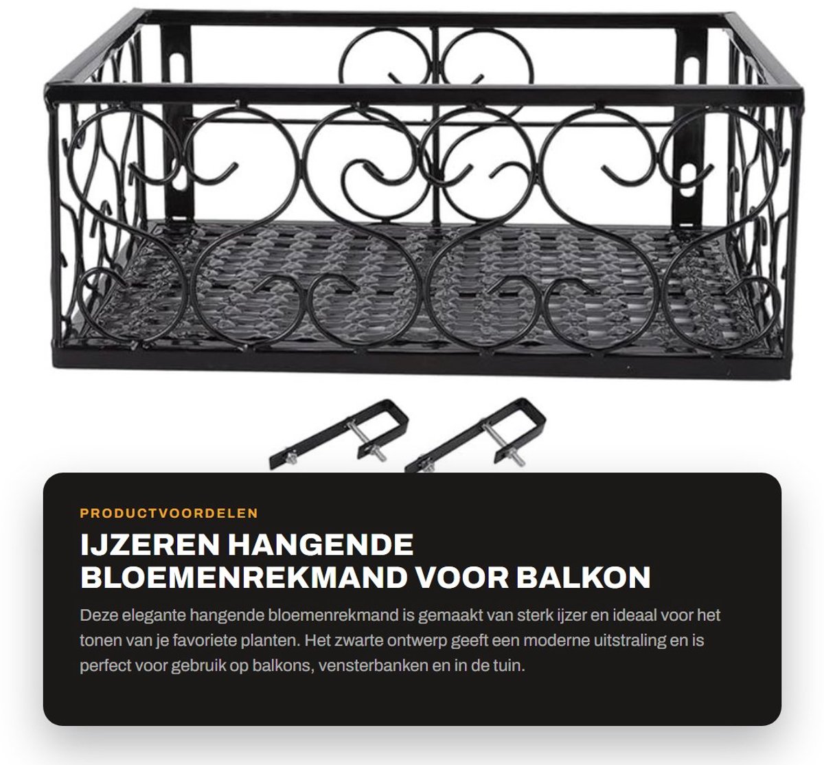 Dailygoods- Bloemenrek Zwart - Bloempotstandaard - IJzeren Plantenstandaard - Balkonhouder - Decoratieve Relingplank - 30x20x12cm