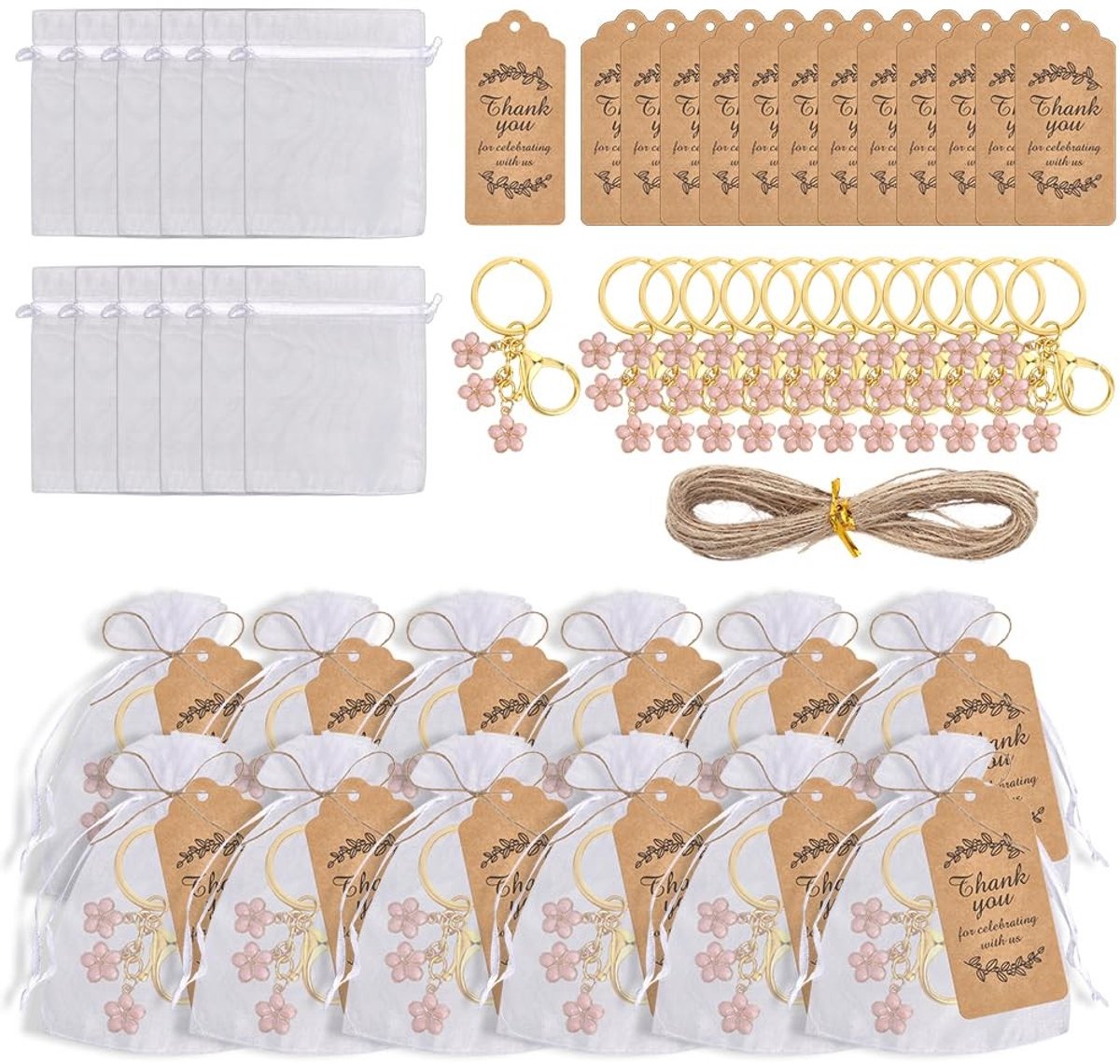 Dailygoods- Sleutelhangers Bloem - 25 Stuks Feestgeschenkset - Organza Zakjes - Henneptouw - Roze - Legering Emaille - Feestgeschenken