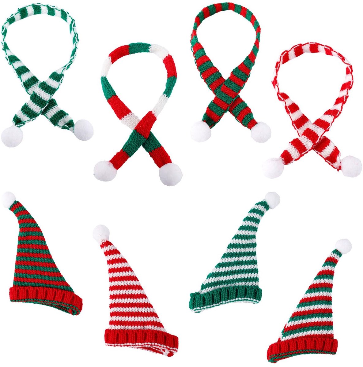 Dailygoods- Kerstmuts Set 8 Stuks - Mini Kerstmutsen/Sjaals - Decoratie voor Kerstboom - DIY Craft - Garen - Rood/Groen/Wit - Kerstdecoratie
