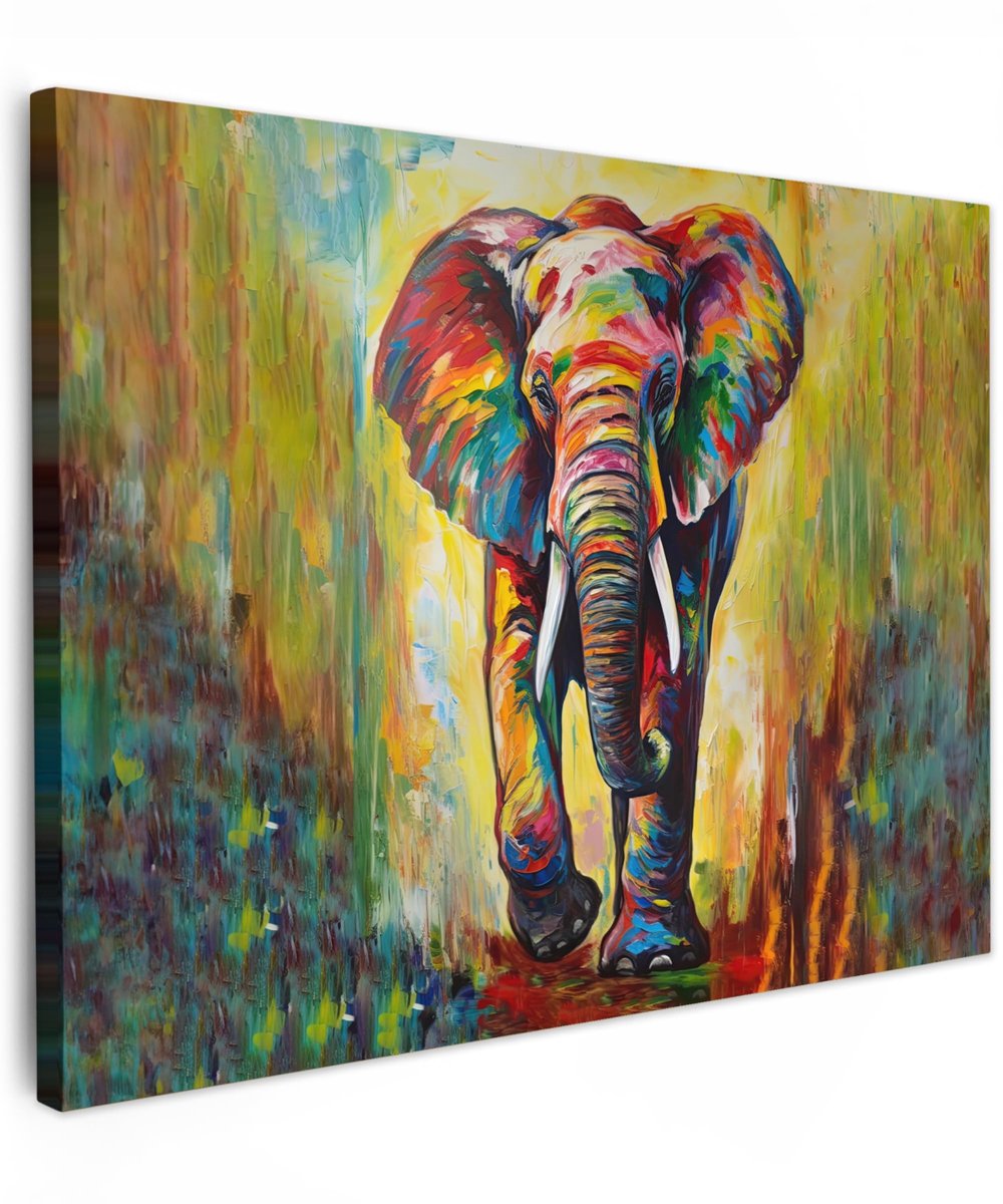 Dailygoods- Schilderij 40x30 cm - Olifant/Kunst - Wanddecoratie - Muurdecoratie Woonkamer - Dieren - Regenboog - Unieke afbeelding