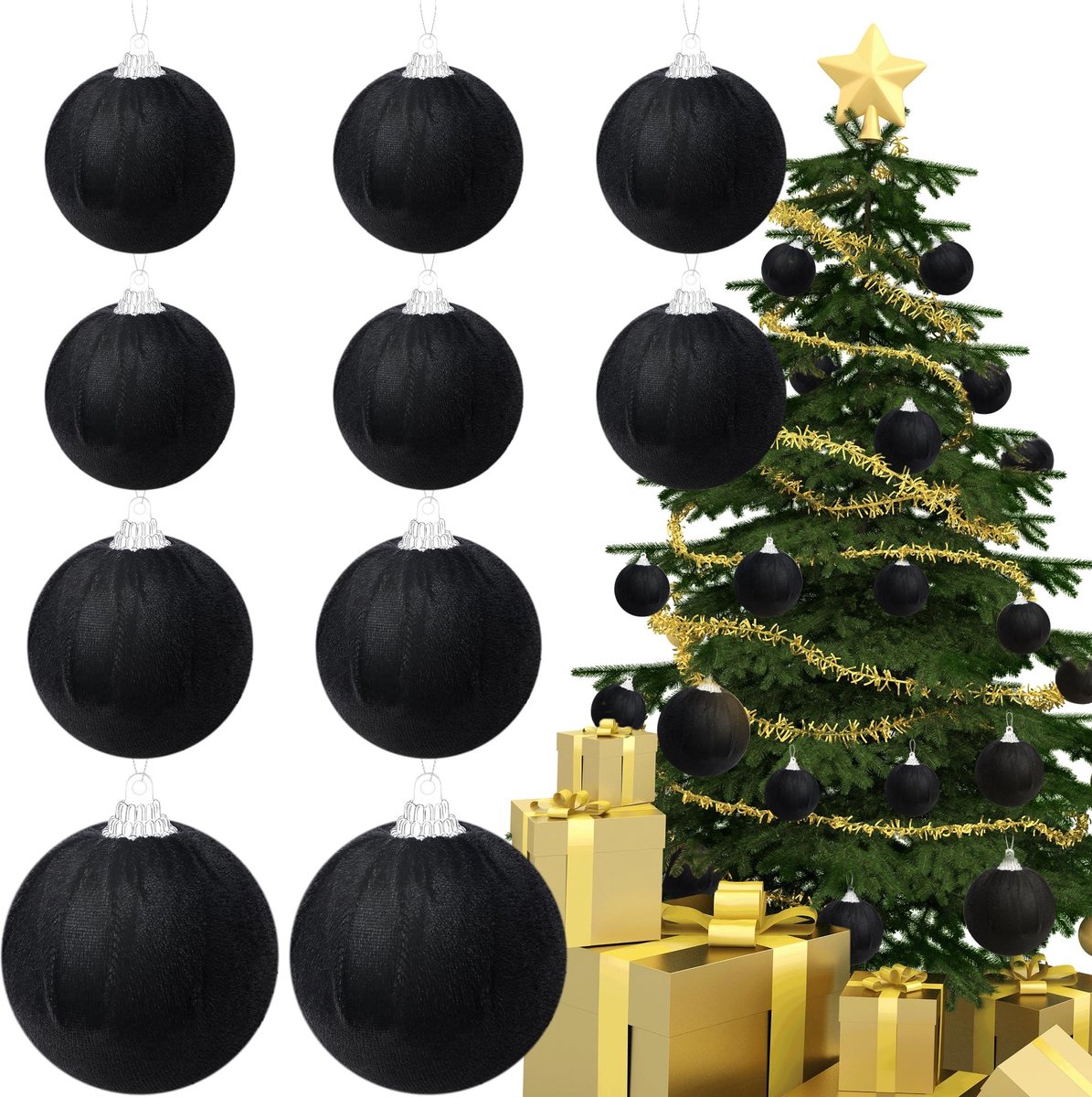 Dailygoods- Hangende Decoratie 10 Stuks - Fluwelen Kerstballen - Handgemaakt - Onbreekbaar - Eenvoudig Op Te Hangen - Zwart