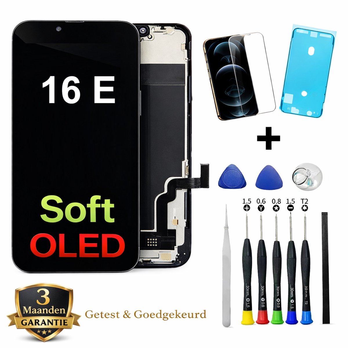 iPhone 16E / 17E Scherm Vervanging – Premium Soft OLED Display – Inclusief Complete Reparatieset, Gereedschap, Screenprotector en Plakstrip