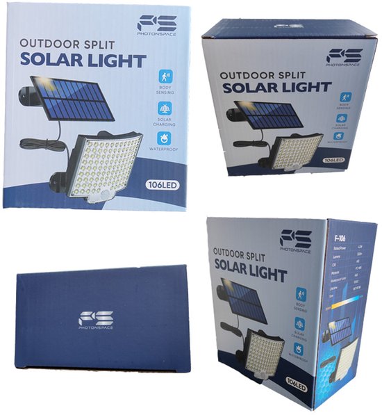 Photonspace Solar Buitenlamp met bewegingssensor, 106 LED Wandlamp op Zonne energie, IP65 waterdicht, 120° lichthoek, solar wandlamp voor tuin met 5m kabel_nieuwe versie