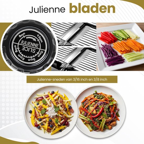Julienne bladen voor mandoline snijder, met instelbare diktes. Salades met mango en wokgerecht.