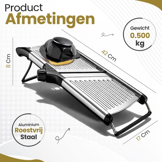 RVS mandoline snijder, 42x17x8 cm, met antislipvoeten en verstelbare mesdikte.