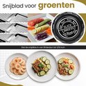 Groentesnijder met diverse snijbladen voor fijne plakjes tomaat, courgette, wortel en rode kool. Ook julienne snijden.