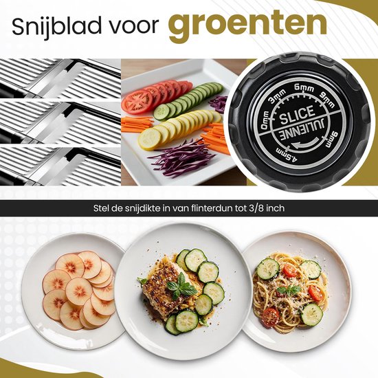 Groentesnijder met diverse snijbladen voor fijne plakjes tomaat, courgette, wortel en rode kool. Ook julienne snijden.