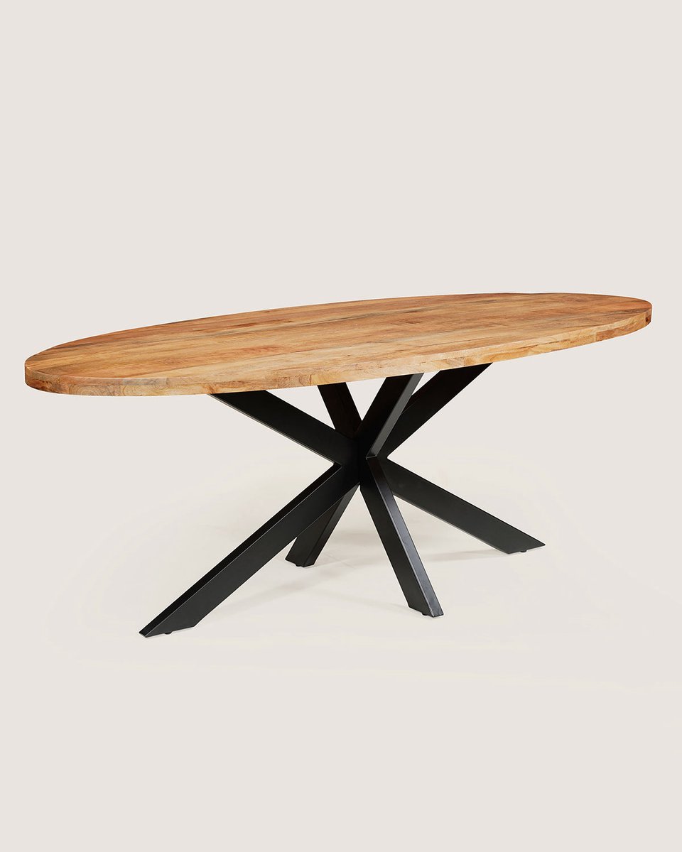 Ovale Eettafel 220 cm Mangohout – Rustiek – Zwart Metalen Matrix Onderstel – Industrieel – 6-7 Personen