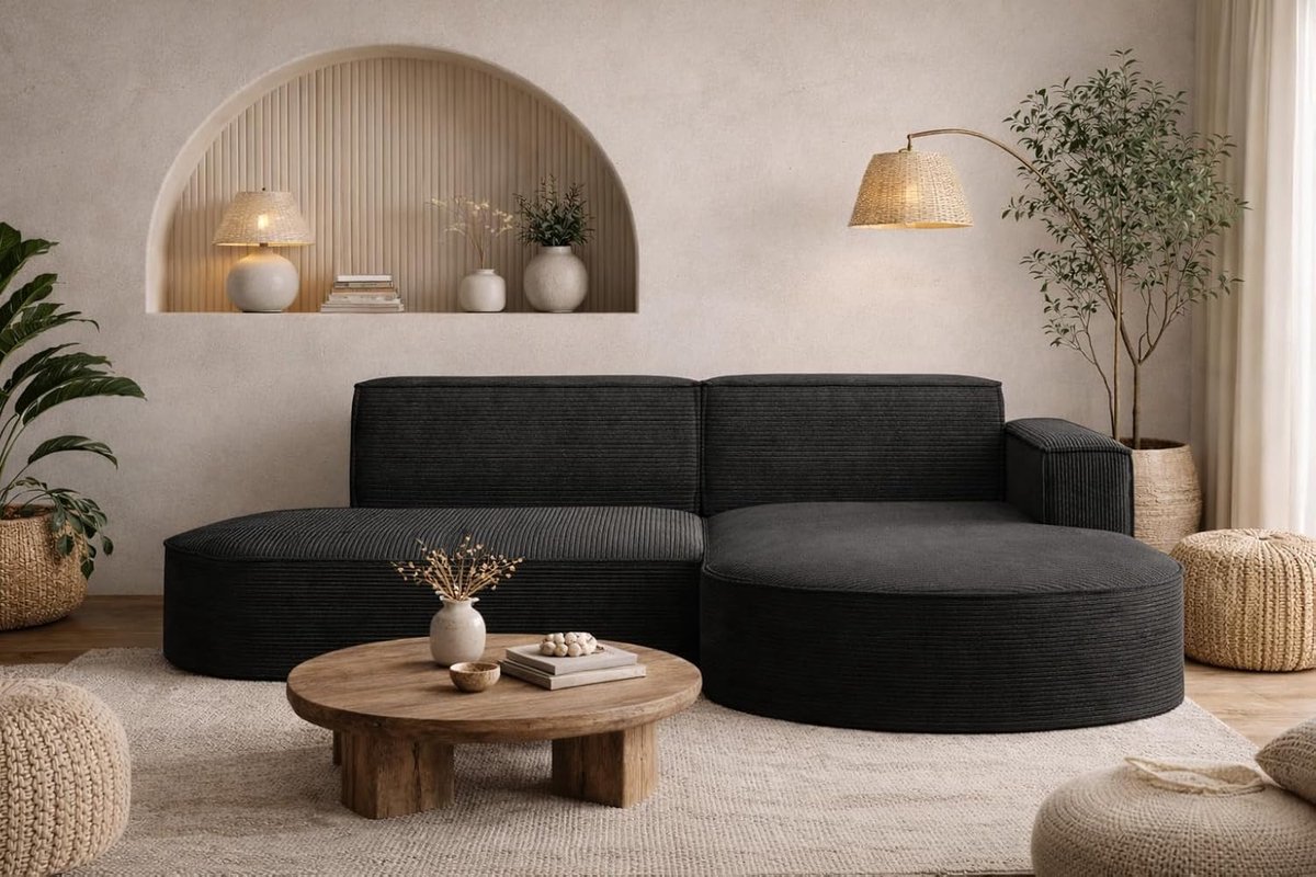 Hoekbank L-vorm 236x165 cm met Hocker – Moderne Ribfluwelen 3-Zits Bank Rechts, Comfortabele Lounge Sofa met Opbergruimte, Zwart – Mobili Bella