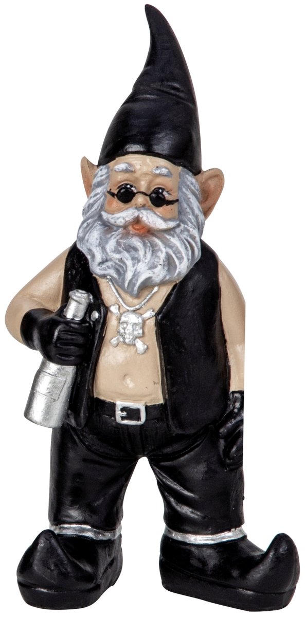 Tuinkabouter beeld – Rocker kabouter met flesje zilver – zwart – 19 cm – Polystone