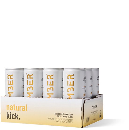 Gimber Tray 12 x 250ml - 3 liter - GIMBER Ready To Drink - 12 blikjes RTD biologische & sprankelende gemberdrank met citroen, kruiden & specerijen volgens het perfect gemengde recept