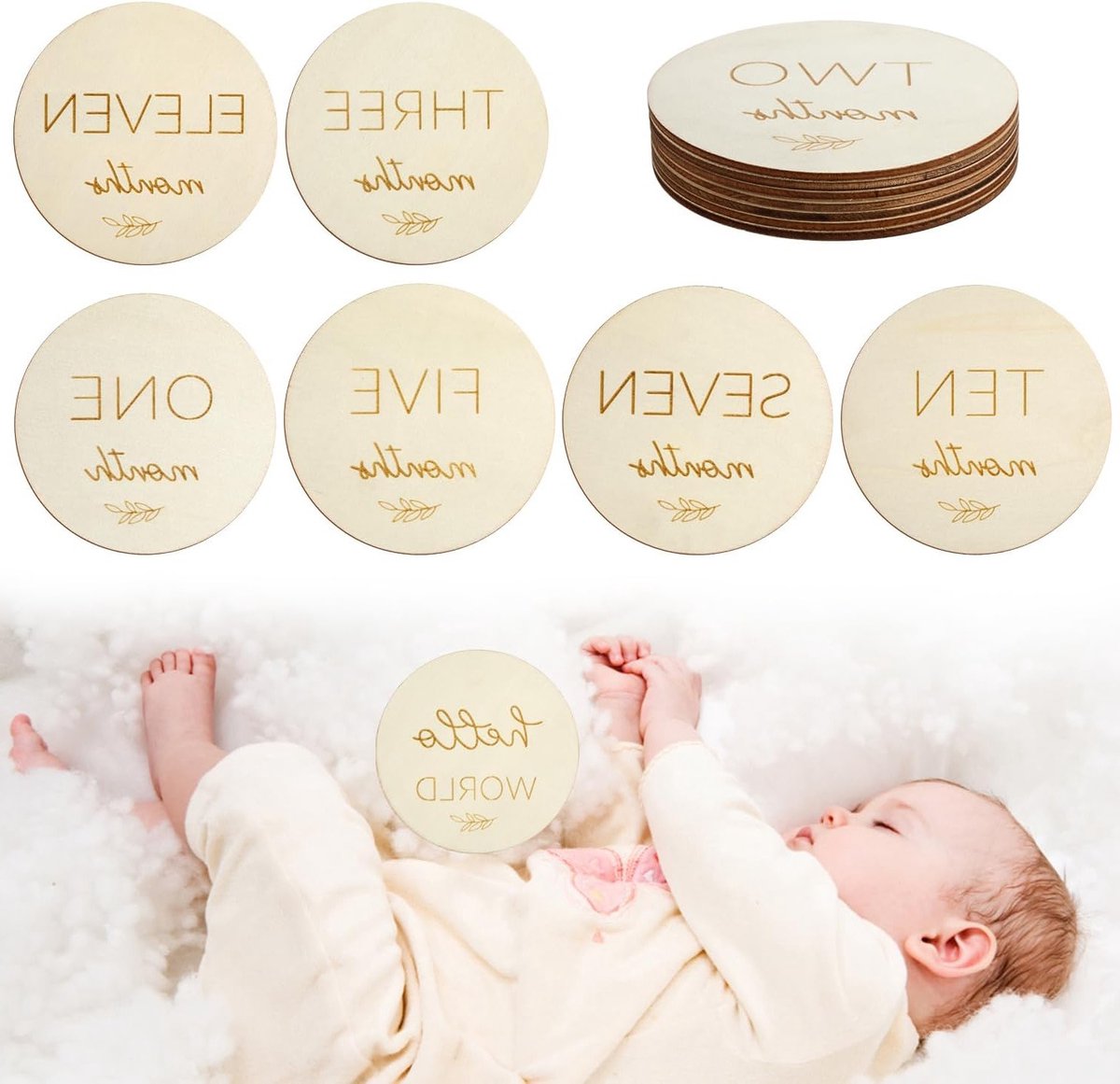 Allecta - Maandelijkse mijlpaalkaarten voor baby's - houten aandenken - foto rekwisieten - cadeau voor nieuwe ouders - groei van baby's - zwangerschap - 1-12 maanden - omkeerbaar.