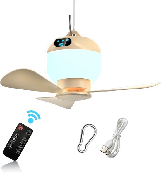 Oplaadbare campingventilator 27 cm met licht, 3 snelheden, timer, afstandsbediening, draagbaar voor tent, camper, strand