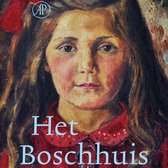 Schilderij van een meisje met bruin haar en een rode strik in haar haar, in een rood jurkje. Titel: Het Boschhuis.