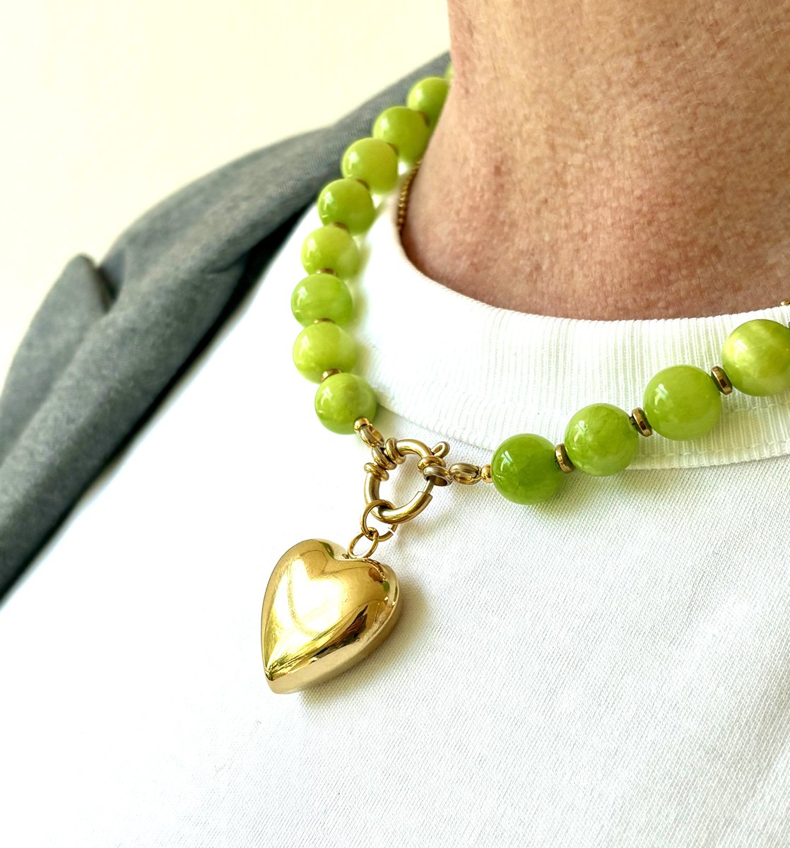 Ketting groene jade kralen 10mm / hart goud