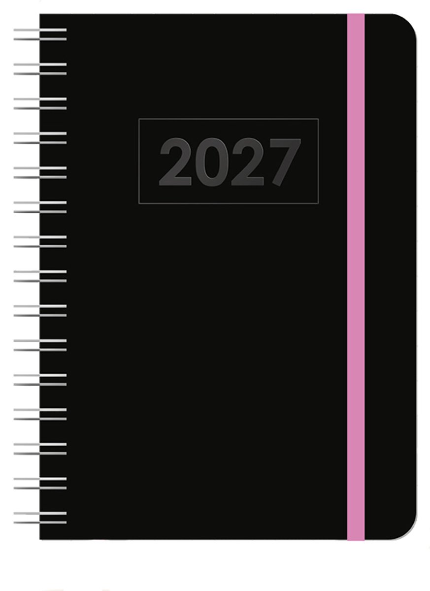 MGPcards - A5 Agenda 2027 - Sluiting Elastiek - Wire-O - Weekoverzicht 1w/2p - Zwart + Roze elastiek - Ruime vakken - 14,8 x 21 cm