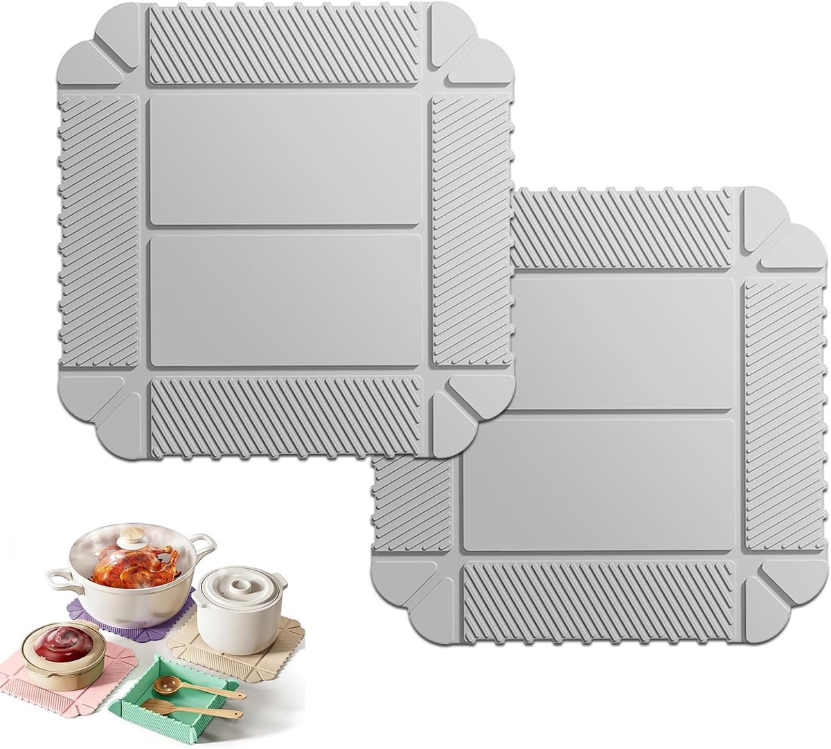 Oneay Set van 2 antislip, hittebestendige matten, multifunctionele siliconen warmte-isolerende matten, geschikt voor warm eten, tafelbescherming, keukendecoratie en accessoires.