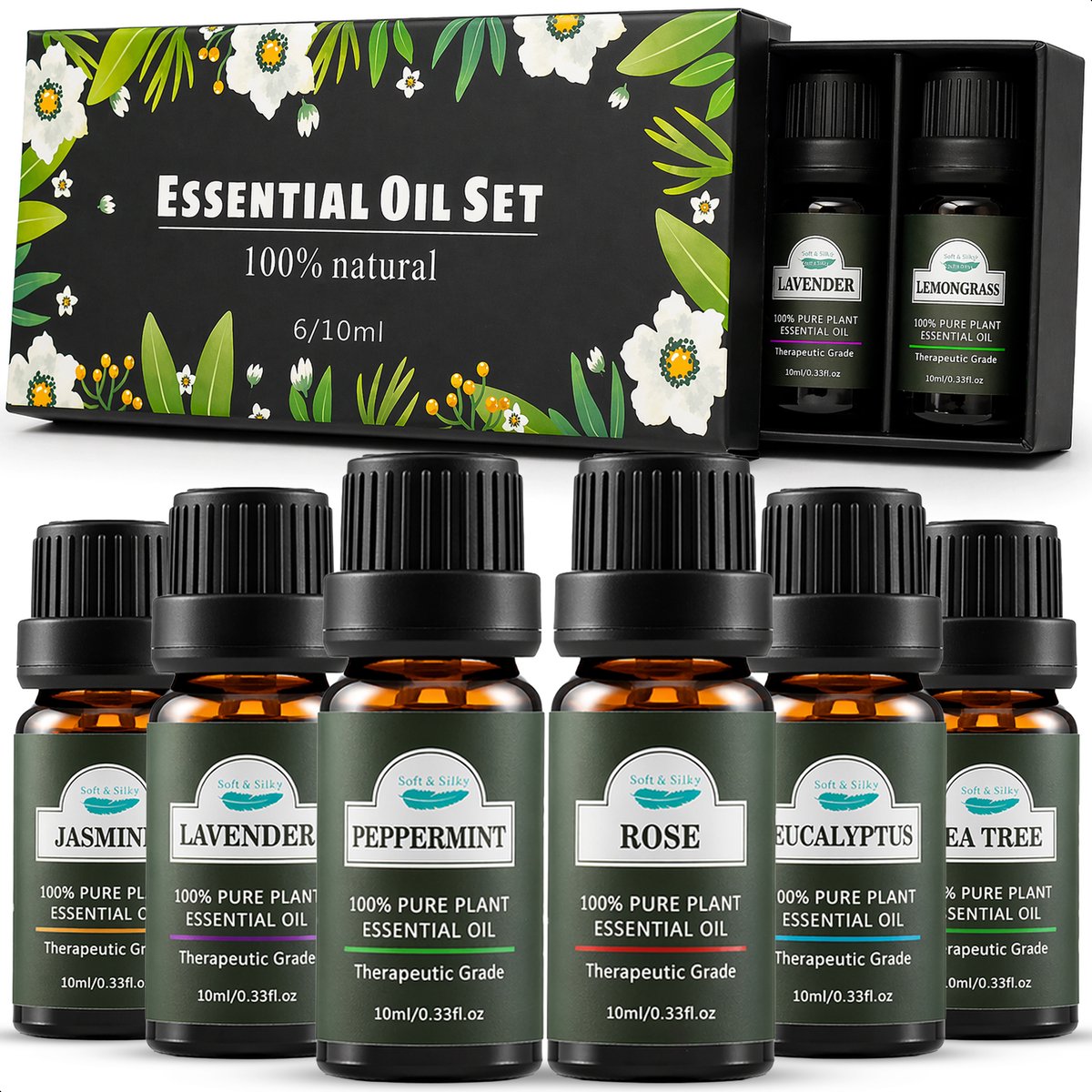 Soft & Silky - Etherische Olie - 6 stuks - 100% natuurlijk - Geschikt voor huid - Diffuser - Voetenbad - Sauna - Essentiële - Geur - olie - Oliën