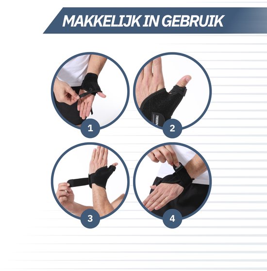 Vier stappen voor het aanbrengen van de zwarte duimbrace: 1. vastmaken. 2. om de duim. 3. om de pols. 4. klittenband sluiten.