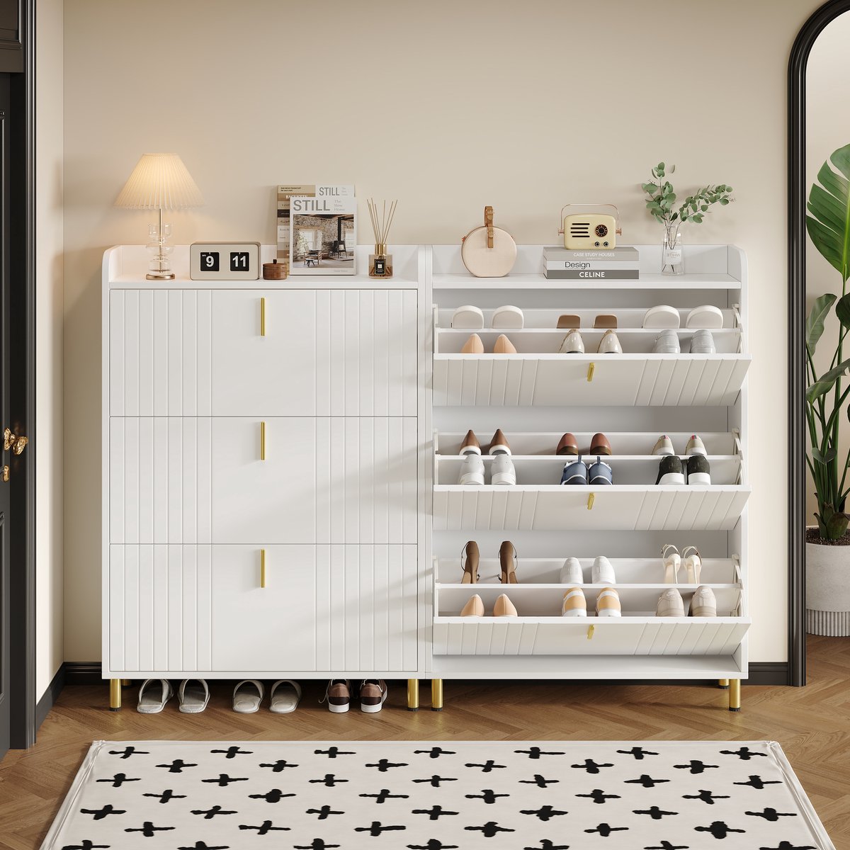 MODENUIT Schoenenkast Set Van 2 - Met 3 Kleppen En Verstelbare Vakken - Voor Hal - MDF Wit - 80x23,5x123,5 cm