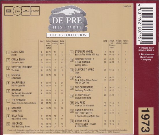 Achterkant CD 'De Pre Historie: 1973'. Lijst van nummers met artiesten, landen en noteringen. Inclusief barcode.