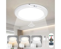 Oplaadbare LED-plafondlamp met bewegingssensor en afstandsbediening, 3 kleurtemperaturen, dimbaar, geschikt voor kledingkasten, trappenhuizen, gangen, kelders en andere ruimtes.