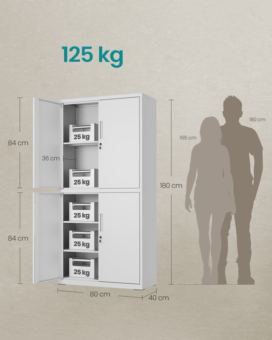Zilverkleurige metalen kast met 2 compartimenten van 180 cm hoog, 80 cm breed en 40 cm diep. Met gesloten deuren en 2 menselijke silhouetten voor schaal. Kan 125 kg dragen.