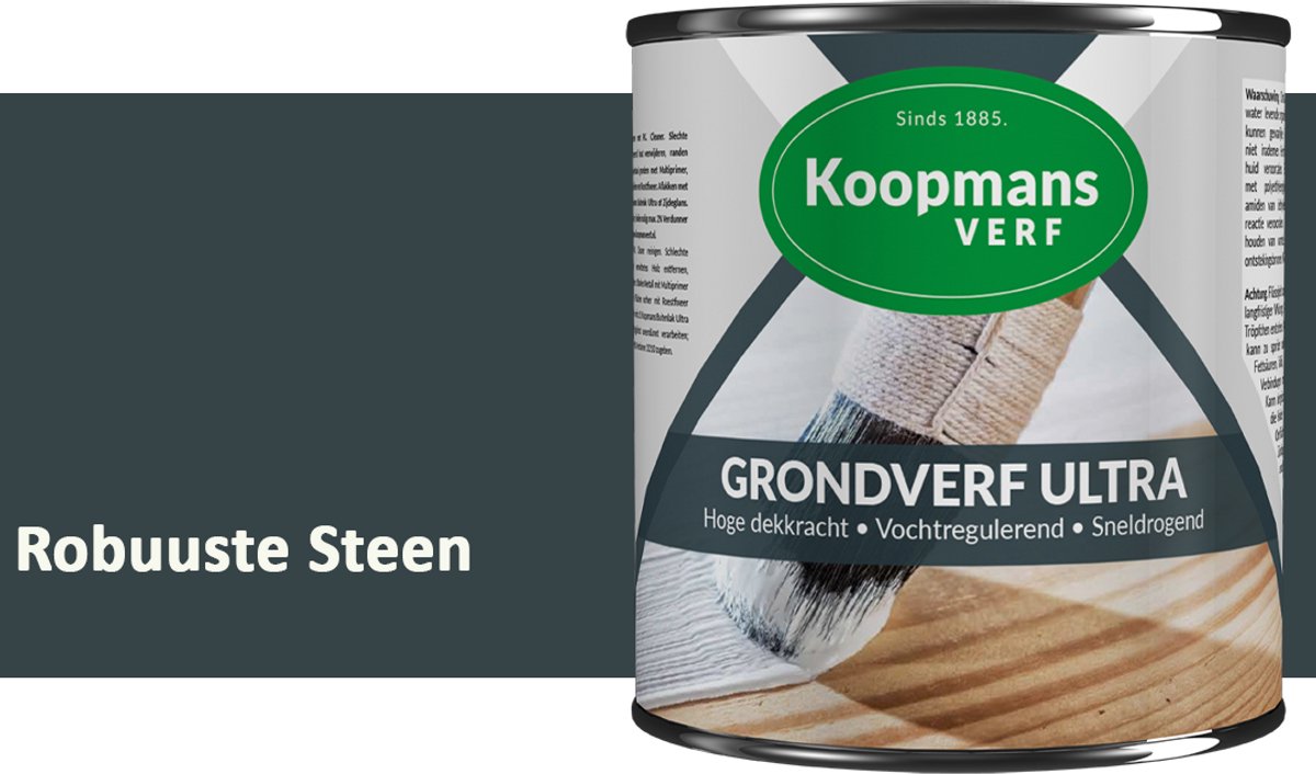Koopmans Grondverf Ultra – Grondverf Hout & Metaal Binnen en Buiten – Vochtregulerende Primer – Hoge Dekking – Zijdeglans – Robuuste Steen – 2,5 l