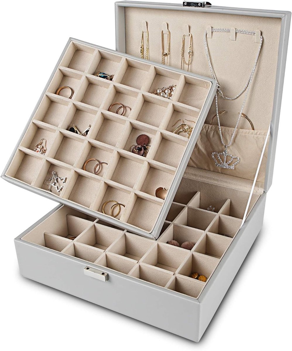 Earring Organizer voor Sieraden met 50 Slots, Dubbel Laags Opbergdoos met 6 Kettinghaken en Armbandvak (Grijs)