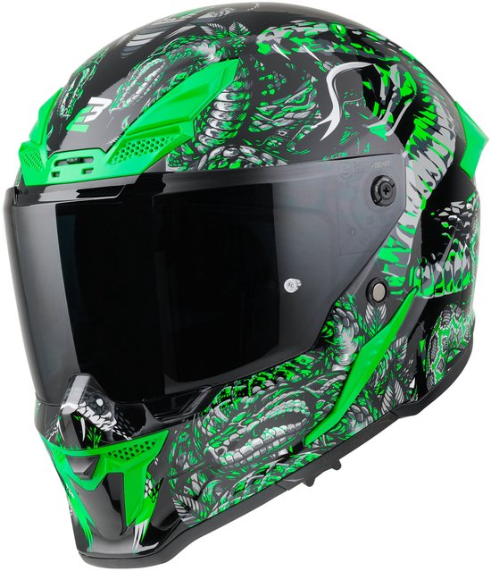 Zwarte helm met groen slangendesign en groen vizier. Linker zijkant zichtbaar.