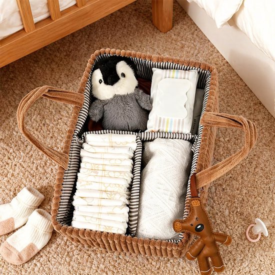 Opvouwbare Luiertas Organizer Bruin - Corduroy Luiermand met Vakken en Verdelers - Baby Opbergmand voor Luiers, Doekjes en Accessoires - Draagbare Nursery Caddy van Merkloos — afbeelding 5