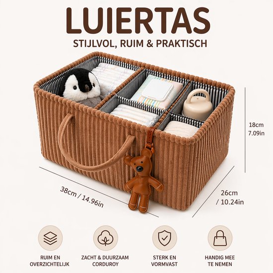 Opvouwbare Luiertas Organizer Bruin - Corduroy Luiermand met Vakken en Verdelers - Baby Opbergmand voor Luiers, Doekjes en Accessoires - Draagbare Nursery Caddy van Merkloos — afbeelding 4
