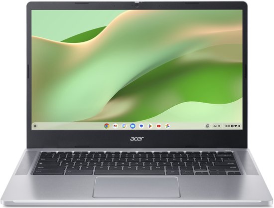 Acer Chromebook 314 met zilverkleurige behuizing, zwart toetsenbord en verlicht scherm met groene en beige abstracte achtergrond.