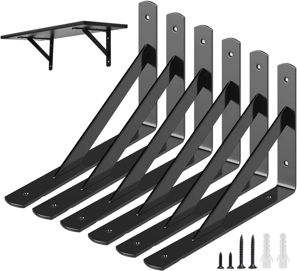 Set van 6 metalen wandsteunen voor planken, 90 graden hoeksteunen, driehoekige hoekondersteuning voor zware belasting, 250 x 160 mm