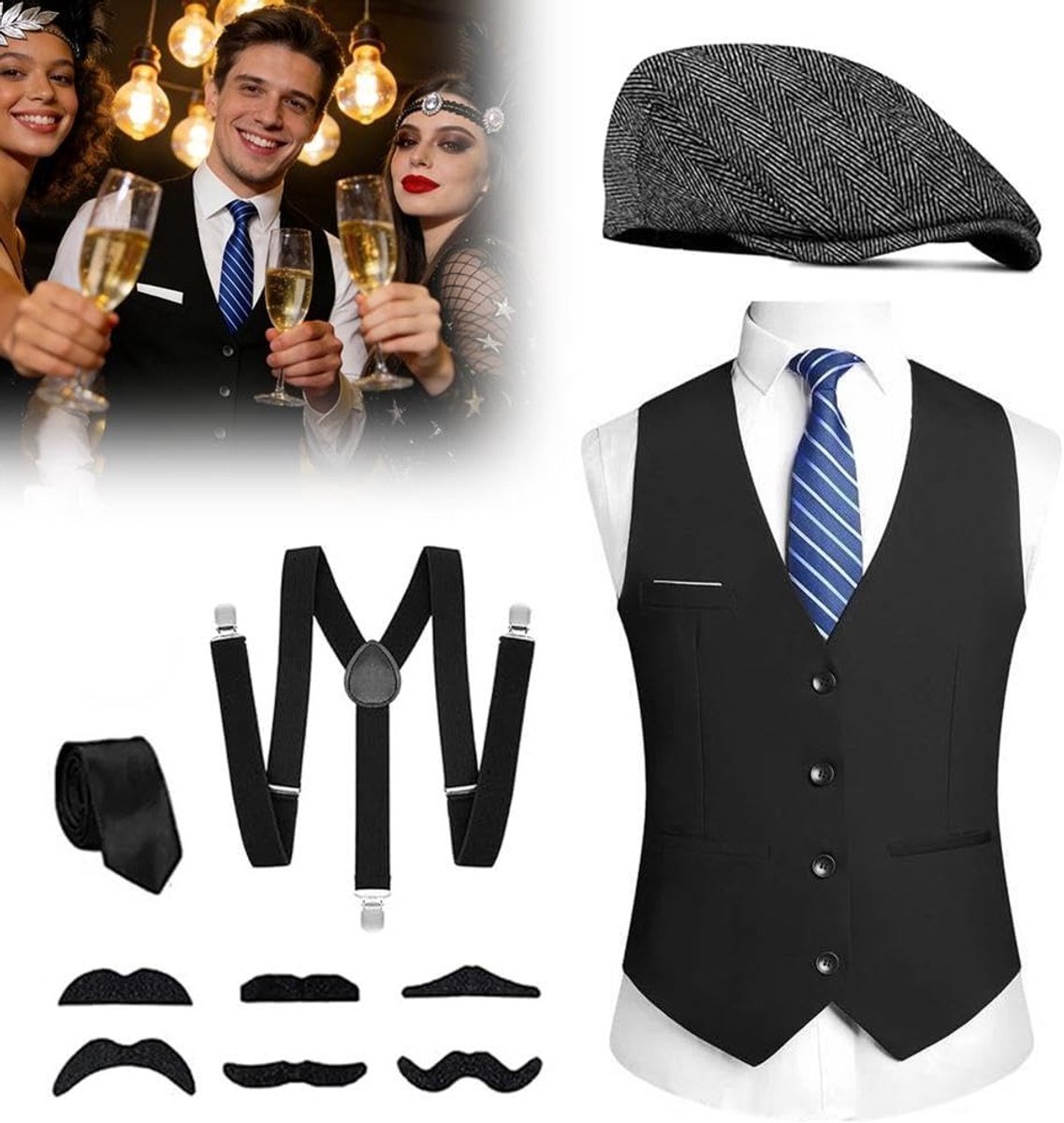 1920s Carnavalskostuum voor Mannen, Peaky Blinders Outfit met Accessoires, Perfect voor Feestjes en Themafeesten