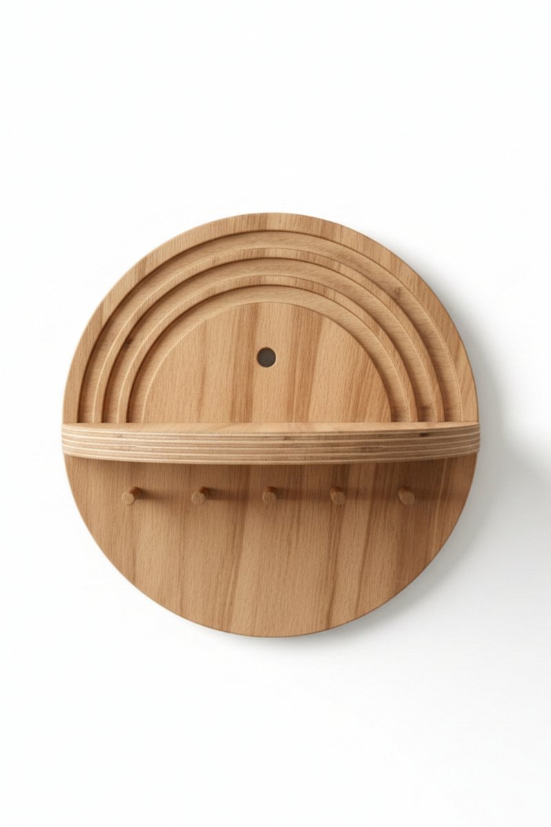 Houten Sleutelhouder met Wandplank | Ronde Wandorganizer | Beukenhout | Sleutelrekje | Naturel | 25x25x12 cm