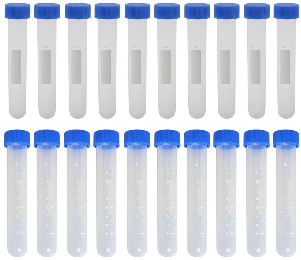 20 Stuks 10ml Centrifugebuizen met Ronde Bodem en Deksel - Heldere en Blauwe Laboratoriumbenodigdheden voor Precisie Analyse