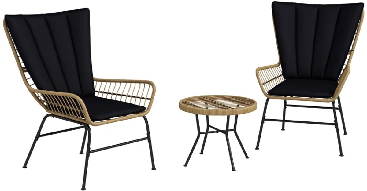 Bistroset - Tuinmeubel 3-delig - Tuinset - Balkonset voor 2 Personen - Tuinmeubelset met 2 Stoelen + Tafel + Kussens - Boho-stijl - Zitgroep - Meubel - Loungeset - Meubelsets - voor Tuin, Balkon, Terras - Natuurlijk + Zwart