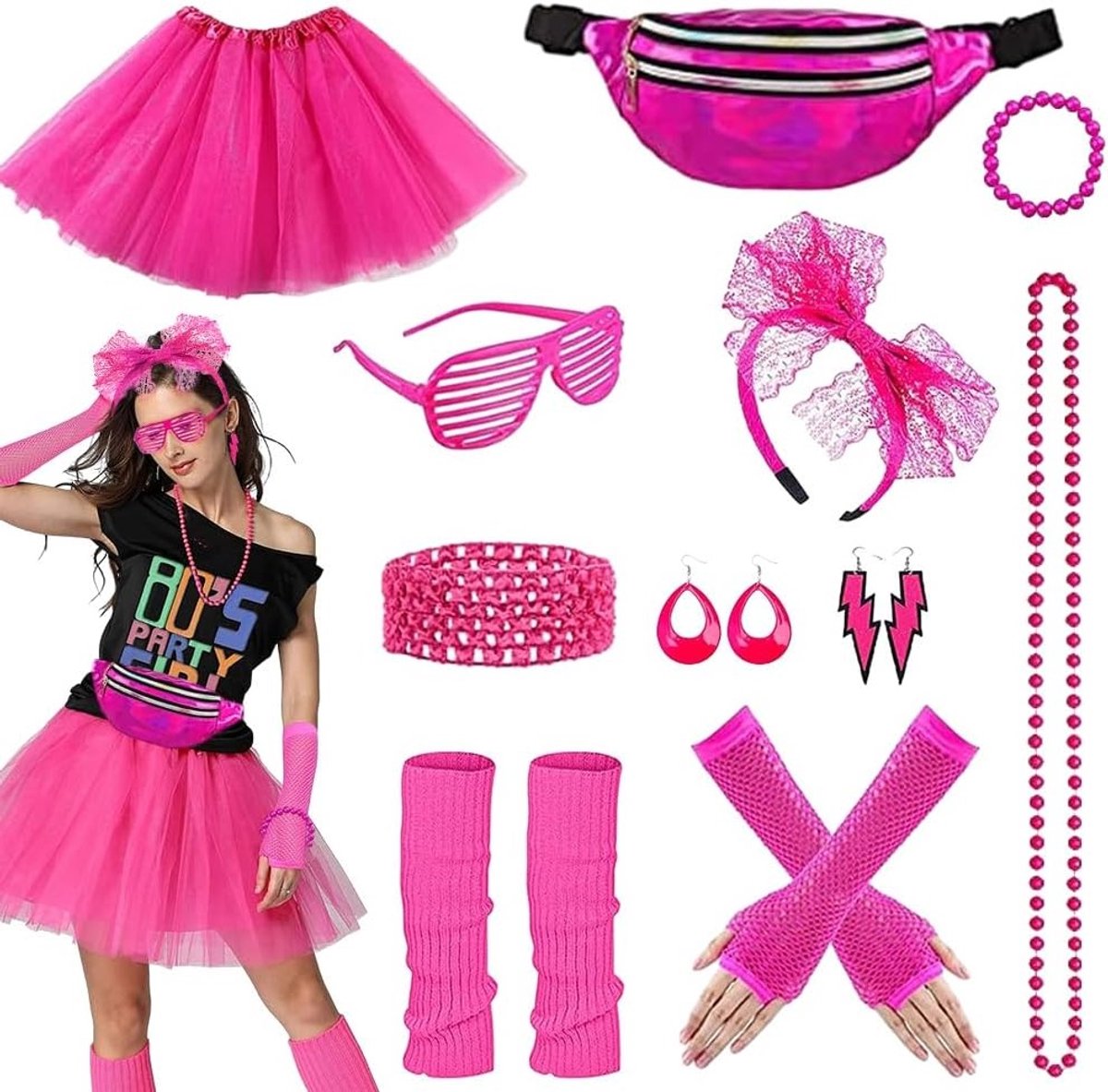 Complete 11-delige kostuumaccessoireset voor een 80s themafeest, carnaval en retro evenementen